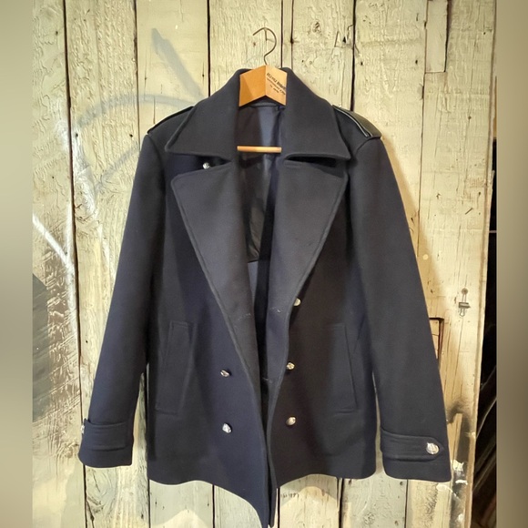 Kent and Curwen navy wool double breasted pea coat with leather epaulets. Sz Med - Picture 5 of 10